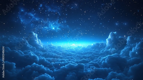 A glowing starry night sky shines above fluffy clouds with a soft blue light isolated transparent png dreamy atmosphere