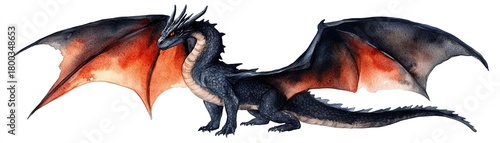 Black and red dragon with wings spread standing on four legs isolated on transparent background png fantasy creature