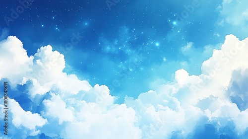 Bright blue sky with glowing stars and soft white clouds floating peacefully isolated transparent PNG background