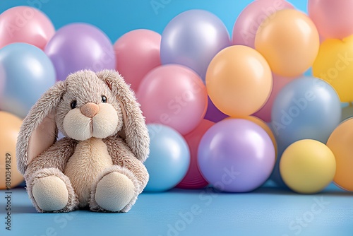 A charming and colorful birthday or New Year's greeting card featuring a cute, fluffy plush bunny sitting amongst a vibrant explosion of colorful balloons.