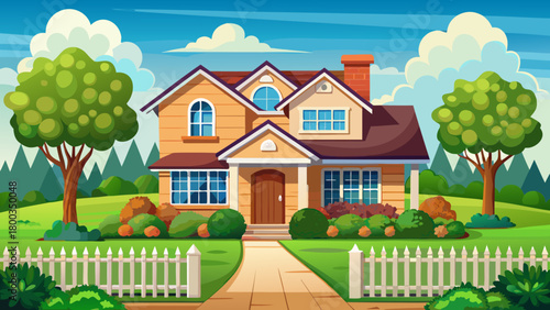 Very beautiful suburban house set behind a neat fence, featuring a well-maintained green lawn in the foreground, tidy landscaping, and a peaceful residential atmosphere ideal for real-estate or lifest
