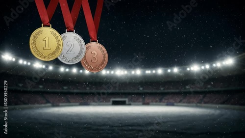 Gold, silver, and bronze medals with red ribbons hang prominently in the foreground against a blurred, snow-covered stadium at night, illuminated by bright floodlights.