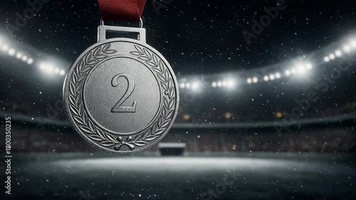 A silver second-place medal with a red ribbon hangs prominently in the foreground, set against a blurred, brightly lit winter sports stadium with heavy snowfall.