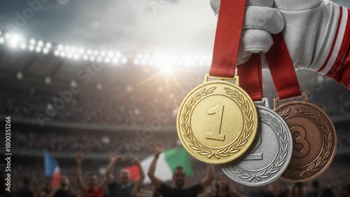 A gloved hand proudly holds gold, silver, and bronze medals on red ribbons against a blurred, cheering stadium crowd under bright lights and an overcast sky.