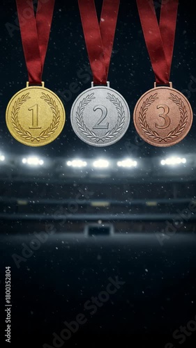 Three gold, silver, and bronze medals with laurel wreaths and numbers one, two, and three hang on red ribbons against a dark stadium background with bright spotlights and falling snow, offering ample.