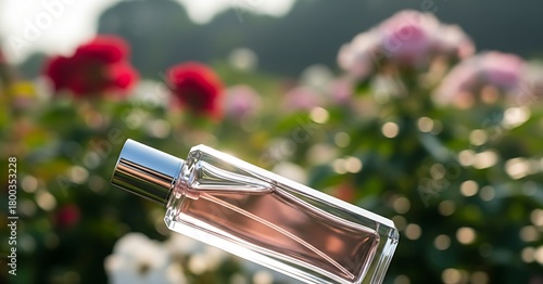 Elegant perfume bottle rests amidst a vibrant rose garden, capturing the essence of floral fragrance and natural beauty in soft, diffused sunlight