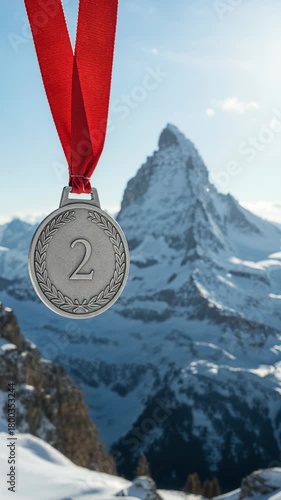 A silver medal with the number two and a red ribbon hangs prominently against a stunning, out-of-focus snow-covered mountain peak under a clear blue sky.