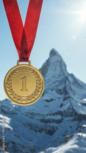 A gold medal with the number one and a laurel wreath design, suspended from a vibrant red ribbon, against the majestic backdrop of a snow-capped mountain under a clear blue sky.