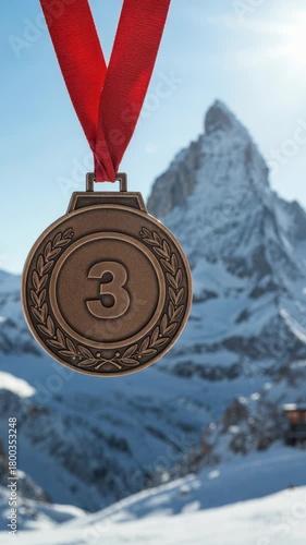 A bronze medal with the number three and a laurel wreath hangs from a red ribbon against a majestic, sunlit, snow-covered mountain backdrop under a clear blue sky.