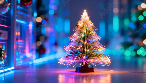 Christmas tree made of glowing fiber-optic strands. Hi-tech festive design.