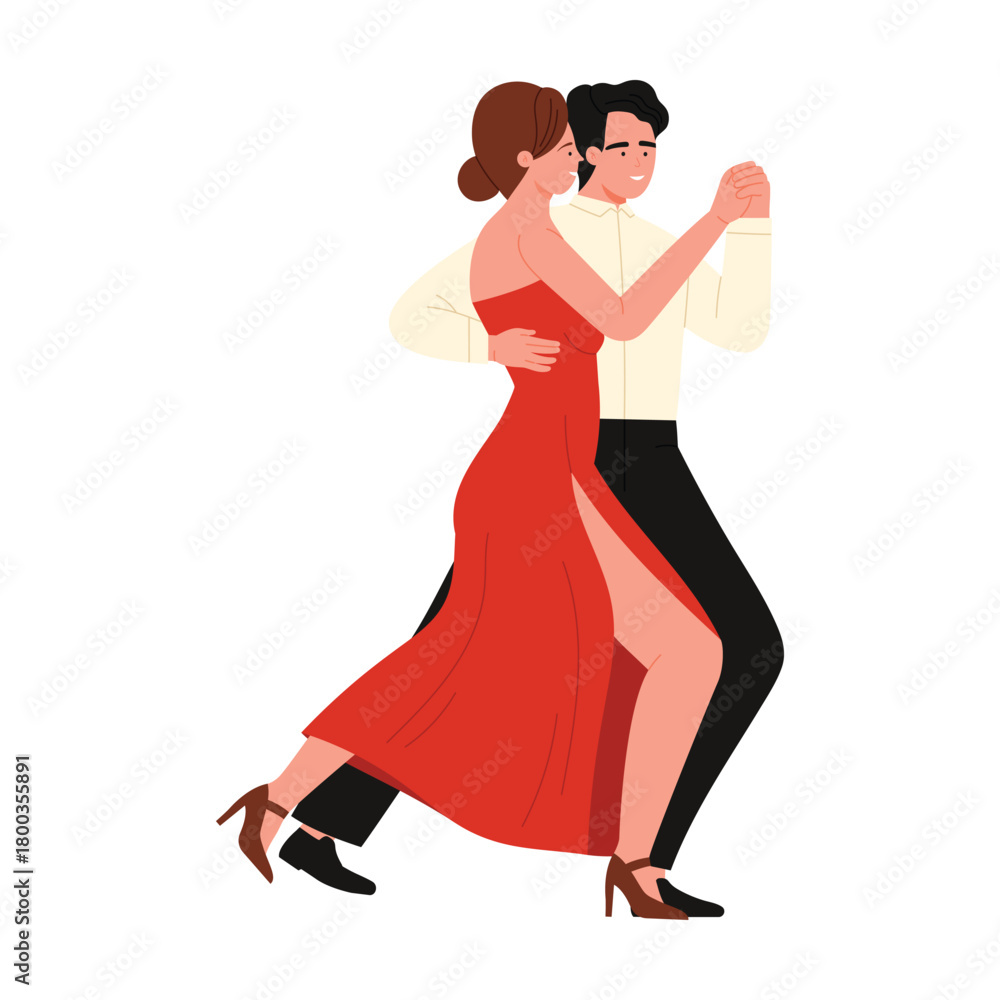 Fototapeta premium Stylish man and woman performing Argentine tango in red dress on isolated white background vector illustration