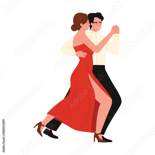 Stylish man and woman performing Argentine tango in red dress on isolated white background vector illustration