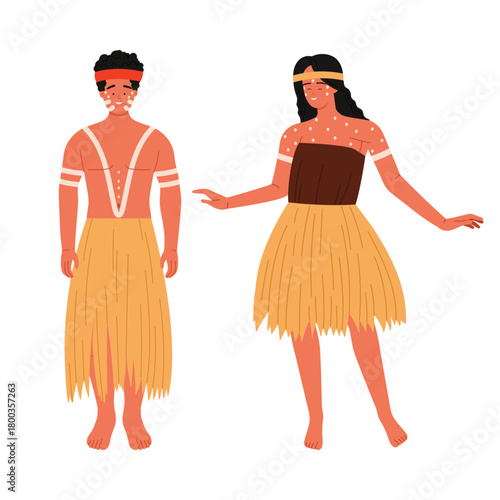 Two people in traditional Australian Aboriginal dance attire with body paint on isolated white background vector illustration