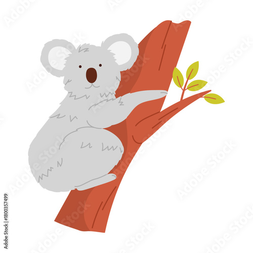 Adorable isolated koala perched on a tree branch with leaves vector illustration