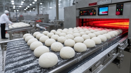Rows of dough balls on a conveyor belt in an industrial bakery setting, moving toward a machine with a glowing red interior. Background features stainless steel equipment