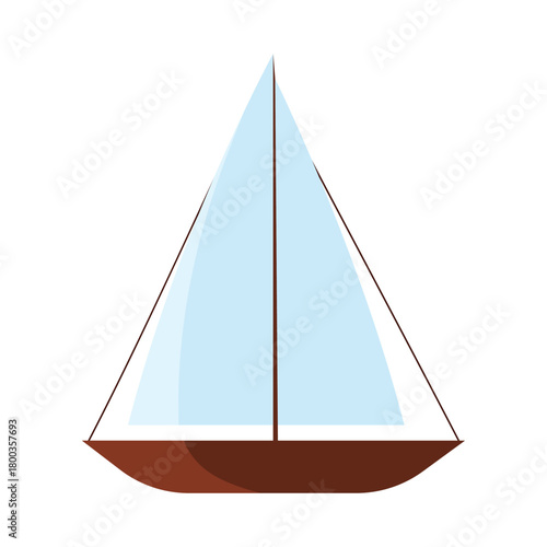 Minimalist isolated sailboat with blue sails and brown hull on white background vector illustration