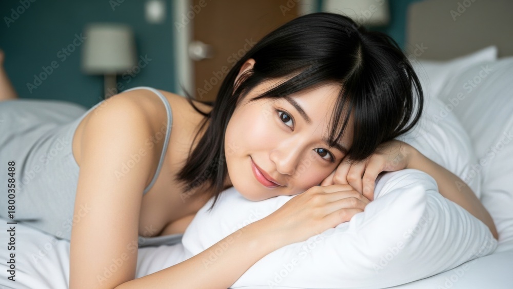 Fototapeta premium ベッドでうつ伏せになり、枕に手を添えて微笑む女性