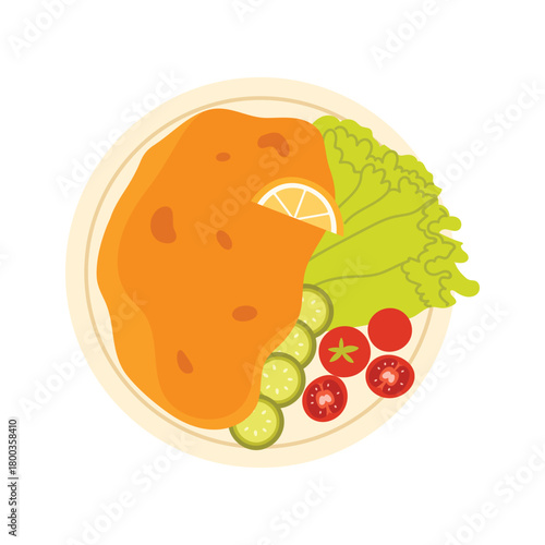 Traditional Austrian schnitzel served with fresh salad, lemon, and vegetables on isolated white background vector illustration