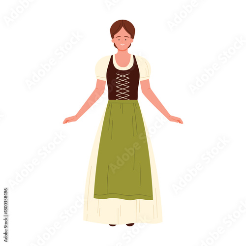 Smiling woman wearing Austrian dirndl costume on white background, isolated cultural vector illustration