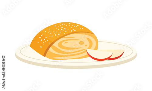Traditional Austrian apple strudel dessert with apple slices on a white isolated background vector illustration