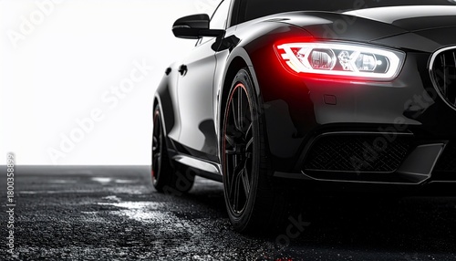 Elegant Black Car Illuminated with Red Lights on a Wet Surface with White Background