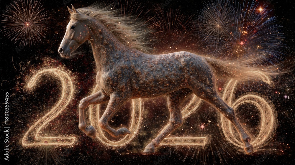Naklejka premium Horse galloping with fireworks and sparkling 2026 new year celebrations