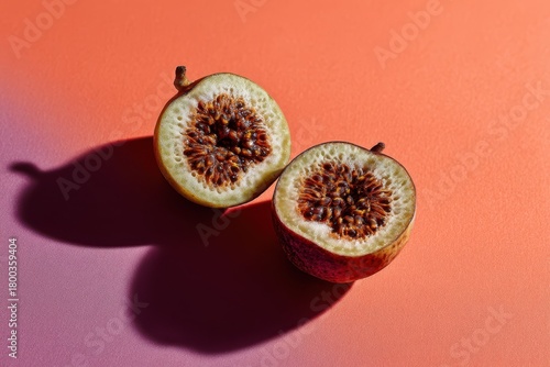 Two ripe fig halves with intricate seed patterns on a smooth surface. The vibrant backdrop casts a soft shadow highlighting the detailed texture of the fruit’s interior under warm light