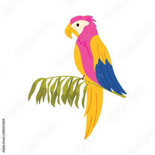 Vibrant Brazil parrot with pink yellow blue feathers sitting on green leaf isolated vector illustration
