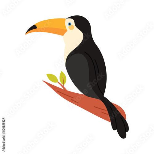 Colorful toucan bird perched on branch, Brazil wildlife, simple isolated design, vector illustration