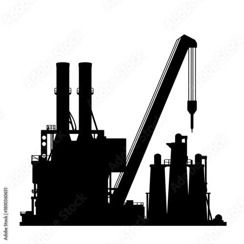 Silhouette of industrial factory with conveyor belt and crane, automation and manufacturing process in engineering industry
