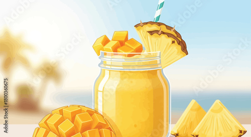 Tropical smoothie blend with mango, pineapple vector illustration