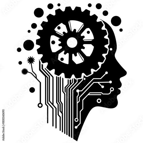 Silhouette of human head with gear and circuit board elements, mechatronics engineering and technology integration in innovation