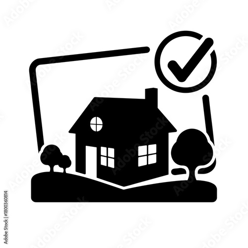 Silhouette of house with check mark, real estate approval and home ownership concept
