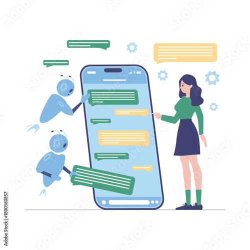 Woman and friendly robots communicate using a large smartphone chat app on isolated white background vector illustration