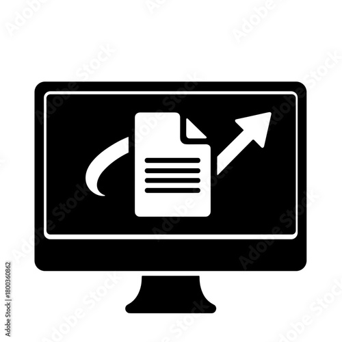 Monitor with arrow and file icon representing software build process, automation and development in technology