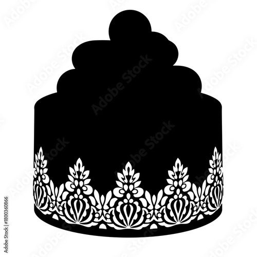 Silhouette of lace-decorated fondant cake on white background, elegant wedding dessert and luxurious event centerpiece