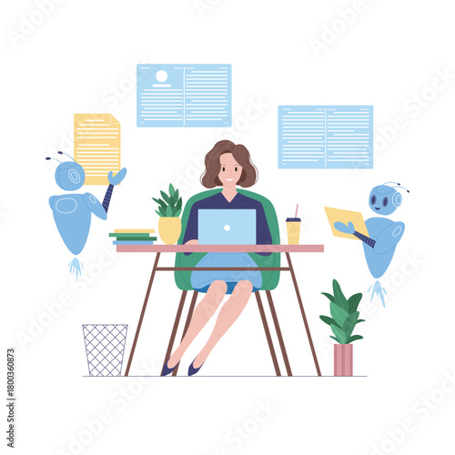 Woman working at desk with friendly robots assisting in modern isolated office vector illustration