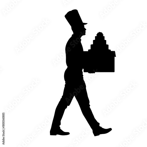 Silhouette of baker delivering boxed wedding cake, event catering and service logistics