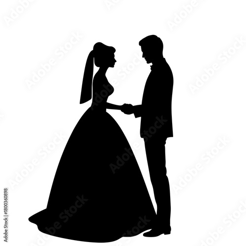 Bride and groom silhouette holding hands, wedding and marriage celebration