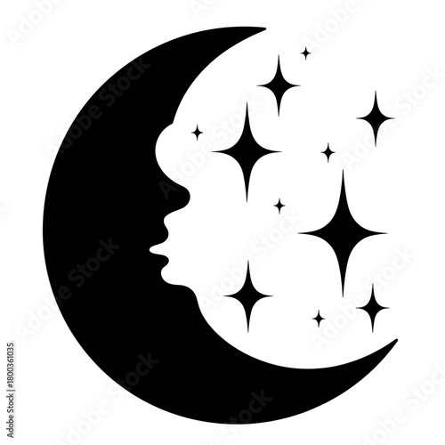 Moon silhouette with sparkling stars on white background, sleep support and night sky inspiration