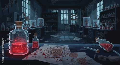 Unsettling laboratory scene displaying mysterious experiments and ominous atmosphere