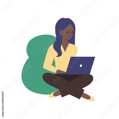 Young woman sitting cross legged with laptop on bean bag isolated vector illustration