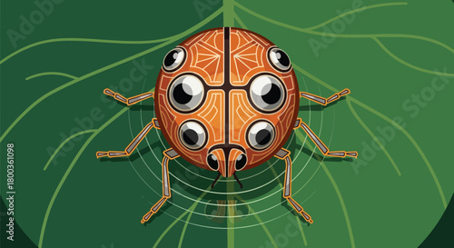 Cartoon illustration of an imaginary bug with multiple eyes on a leaf