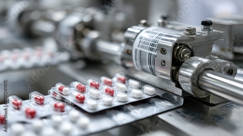 Packaging machine processes blister packs with red and white capsules. Blurred background emphasizes industrial elements. Barcode visible on metal cylinder in focus
