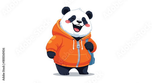 Smiling cartoon panda with orange hoodie and backpack on white background