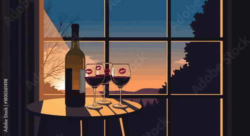 Intimate evening setting with wine, lip prints and evocative sunset view