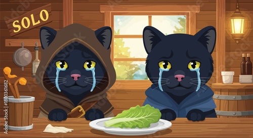 Two Melancholy Cats Staring at Greens in a Rustic Wood Paneled Room