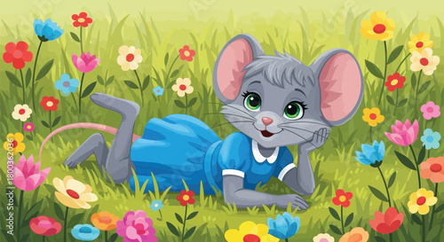 Enchanting illustration of a cheerful mouse resting among vibrant flowers