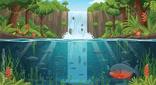 Enchanting Jungle Waterfall Scene with Aquatic Life Illustration