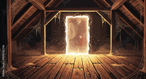 Mystical doorway in an old attic, bathed in soft light with wooden floor